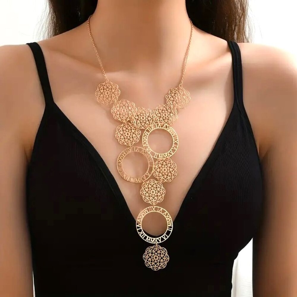 Necklace Delicate Carved Statement Goddess Greek Gold Circles Hollywood Glam Fun